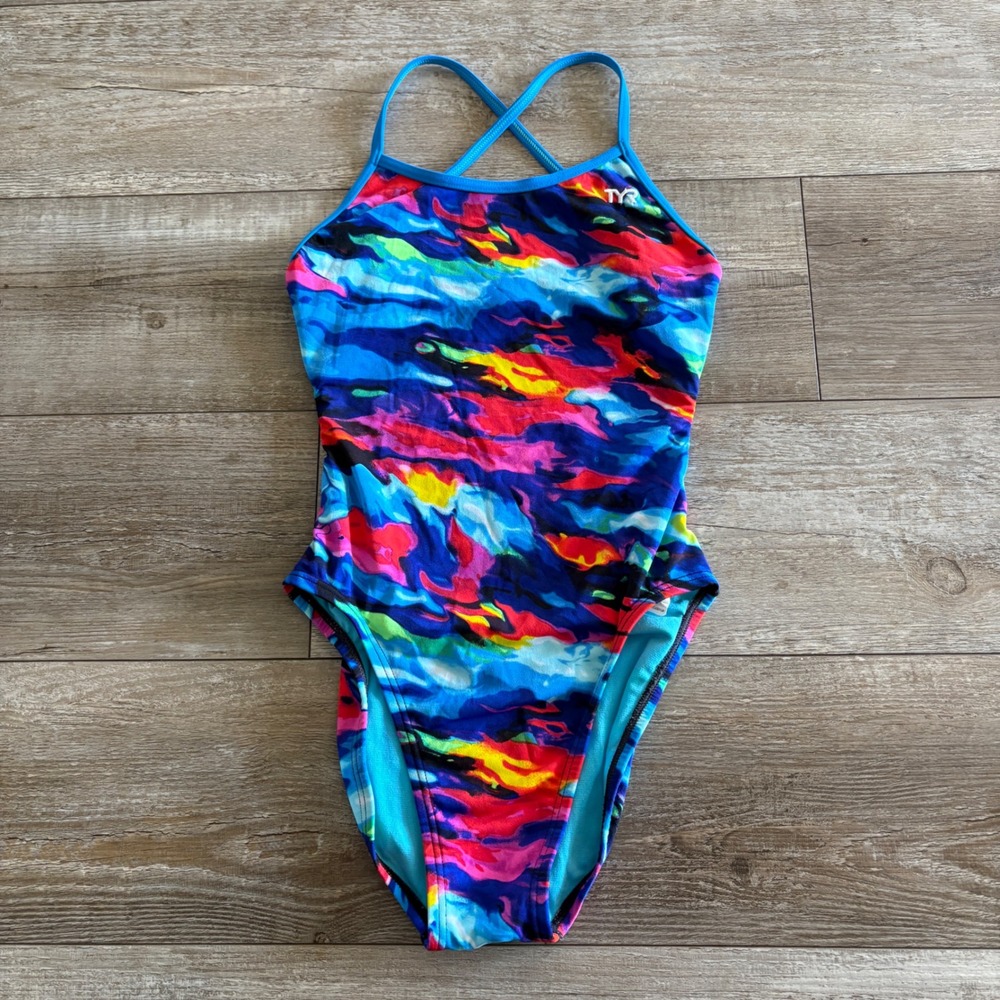 TYR Swimsuit Women 30 Blue Multi Color Abstract Print Crossback One Piece